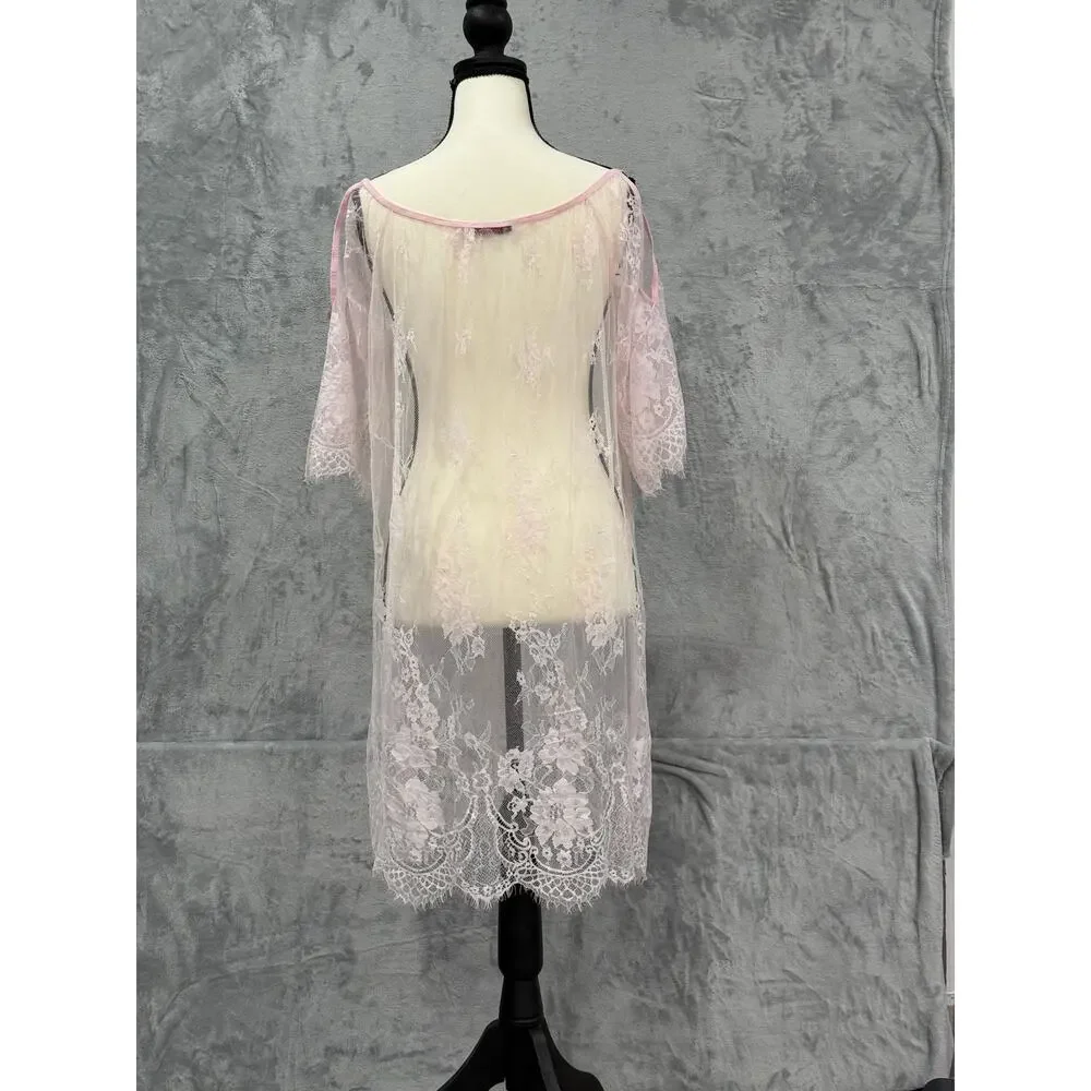 Festival Fairycore Barbiecore Sheer Lace Kimono Cover Up Robe Pink Coquette XL